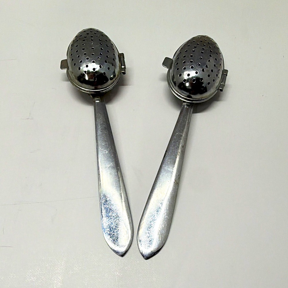 Vintage 2pc Oval Spoon Tea Infuser Strainer Set Silver Metal Reusable Taiwan